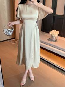 DAZY Elegant Solid Color Round Neck Ruffle Sleeve Long Dress For Women, Summer Prom Dress - Beige - View 4