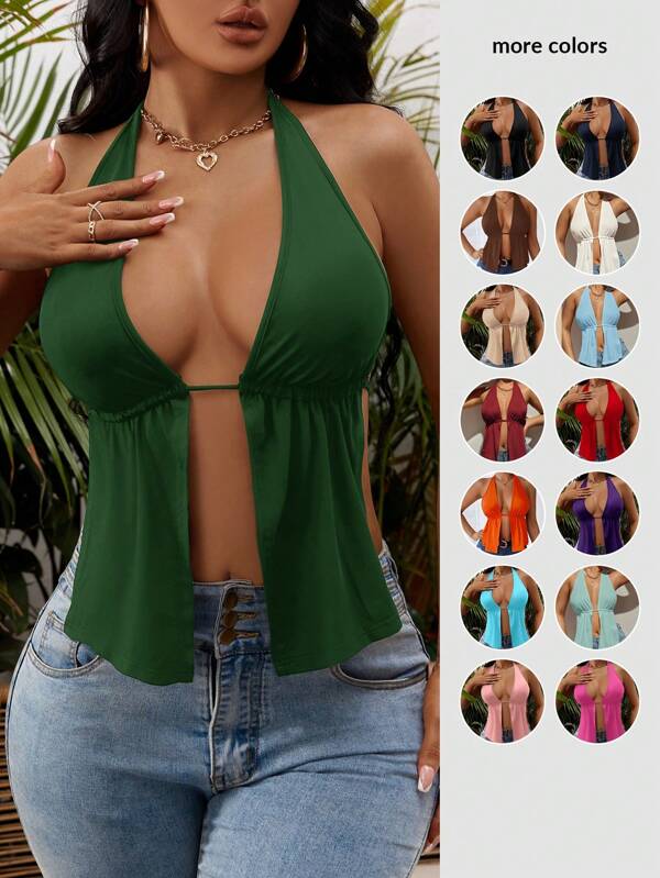 SHEIN SXY Summer Front Slit, Backless, Knotted Halterneck Black Top Party Tops