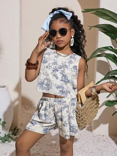 SHEIN 2pcs/Set Tween Girls' Casual Sleeveless Floral Print Shirt And Shorts Set