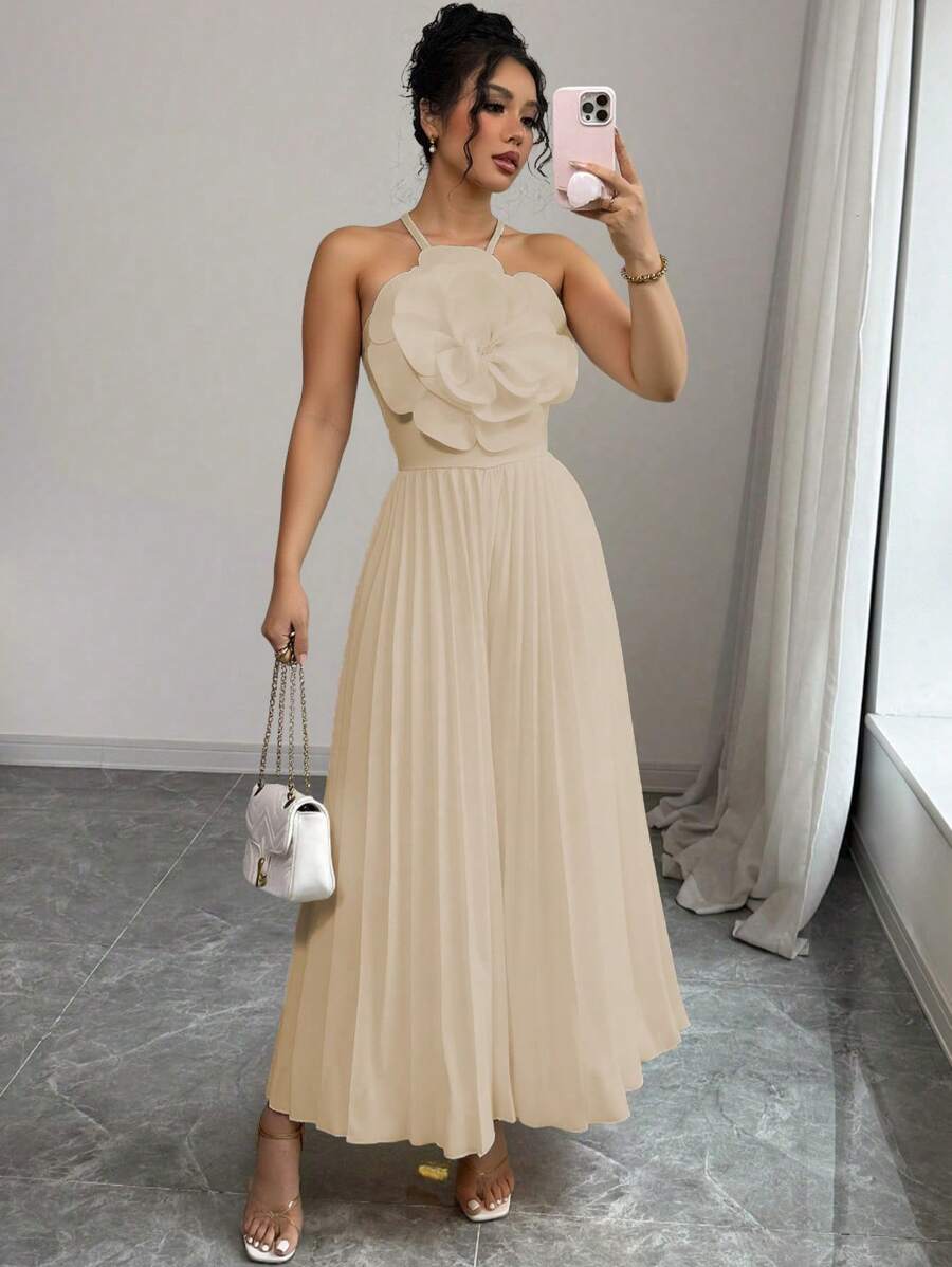 Summer Elegant Floral Decor Backless Halter Pleated Wide Leg Jumpsuit - Khaki - View 1