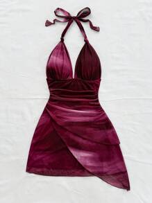 Soleia 复古渐变露背 V 领系带网眼荷叶边不对称下摆浪漫度假性感迷你连衣裙女式 - 彩色 - 查看 4