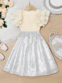 Conjunto coordinado con top de manga corta con volantes y falda de jacquard brillante para niñas - Albaricoque - Ver 2