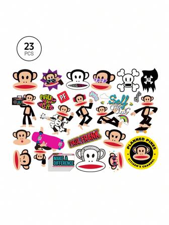 Paul Frank X SHEIN 24pcs Cartoon Monkey Skateboards Pattern Street Style Cool Sticker Set, Designed For Students,Women, And Men, Ideal For Use On Notebooks, Journals, Craft Decorations, And Similar Activities. Additionally, It Can Also Be Applied To Skateboards, Laptops, And Suitcases As Personalized Decoration. It Uses Removable Glue, Which Is Not Easy To Leave Stickiness When Remove