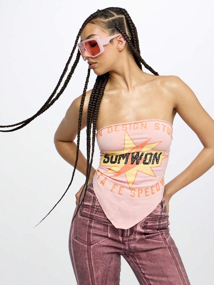 SUMWON WOMEN Strapless Bandeau Crop Tube Top With Star Design