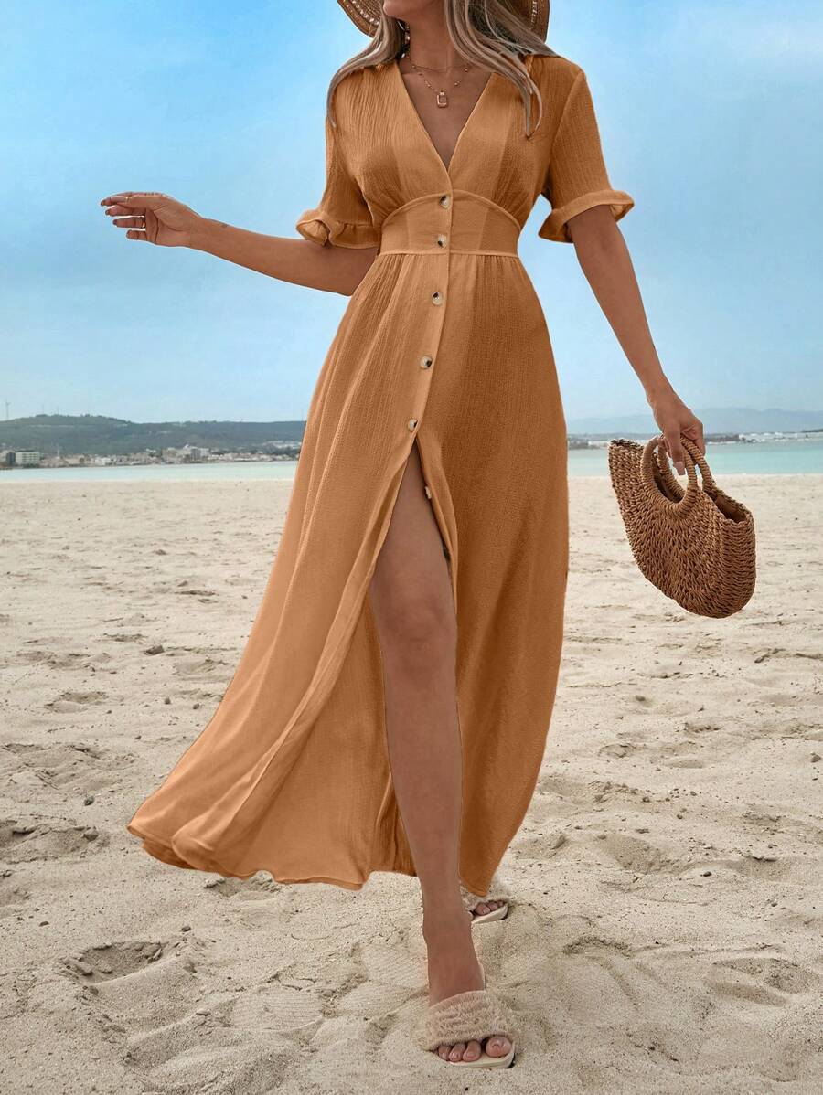 EURMUSE Solid Color Ruffle Trim Dress For Women, Button Front - Camel - View 1