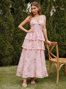 SHEIN Unity Elegant Pink Long Floral Print Halter Neck Ruffle Dress, Romantic For Banquets, Dates, Gatherings, Summer - Pink - View 4