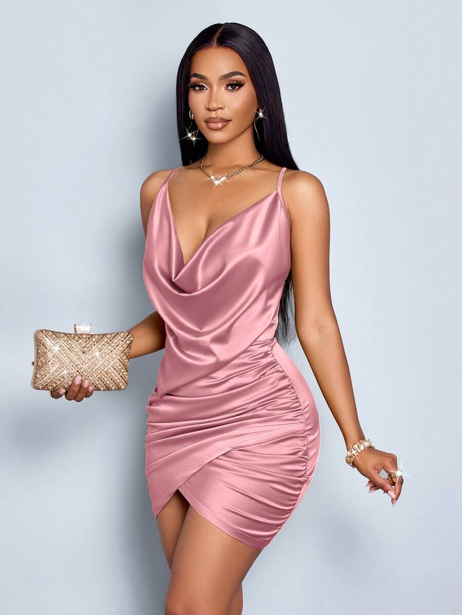 SOLERSUN Elegant Solid Color Draped Collar Backless Ruched Satin Party Bodycon Short Dress - Dusty Pink - View 1