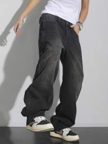 Manfinity Hypemode Plus Size Men's Pocket Decor Loose Wide Leg Casual Versatile Jeans Baggy Jeans Mens