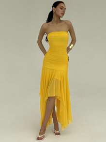 Aloruh 女士纯色黄色不对称下摆荷叶边约会/婚礼连衣裙