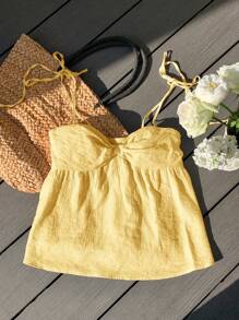 Comfortcana Áo ba lỗ xếp ly thời trang Bohemian mùa hè cho nữ - Màu vàng - Xem 3