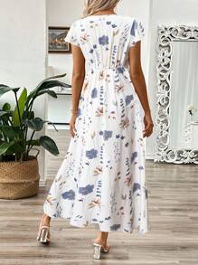 Breezaya Women's V-Neck Leaf Floral Print Long Dress, A-Line Waist Cinched Dress For Summer Women Summer Clothing