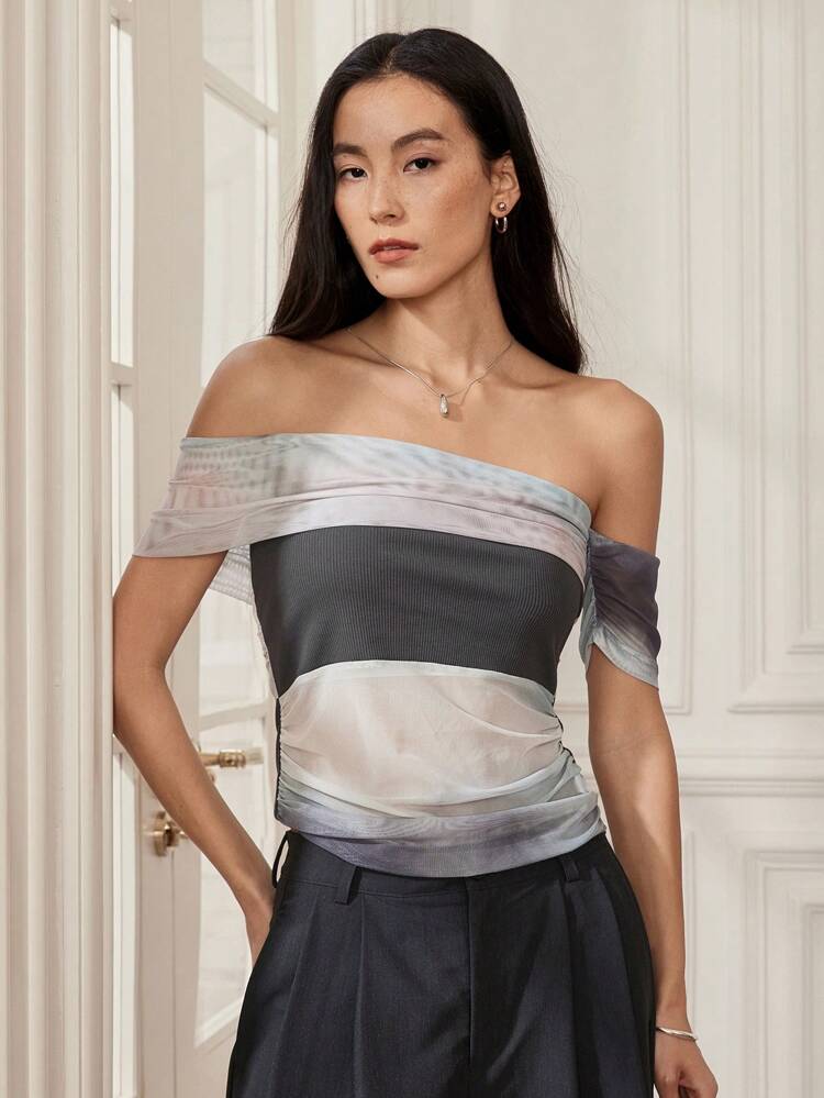 Women's Sexy Fitted Vacation Tie Dye Tie Dye Off Shoulder Mesh Insert Short Sleeve Blouse, Summer Business Casual Women Going Out Tops Women