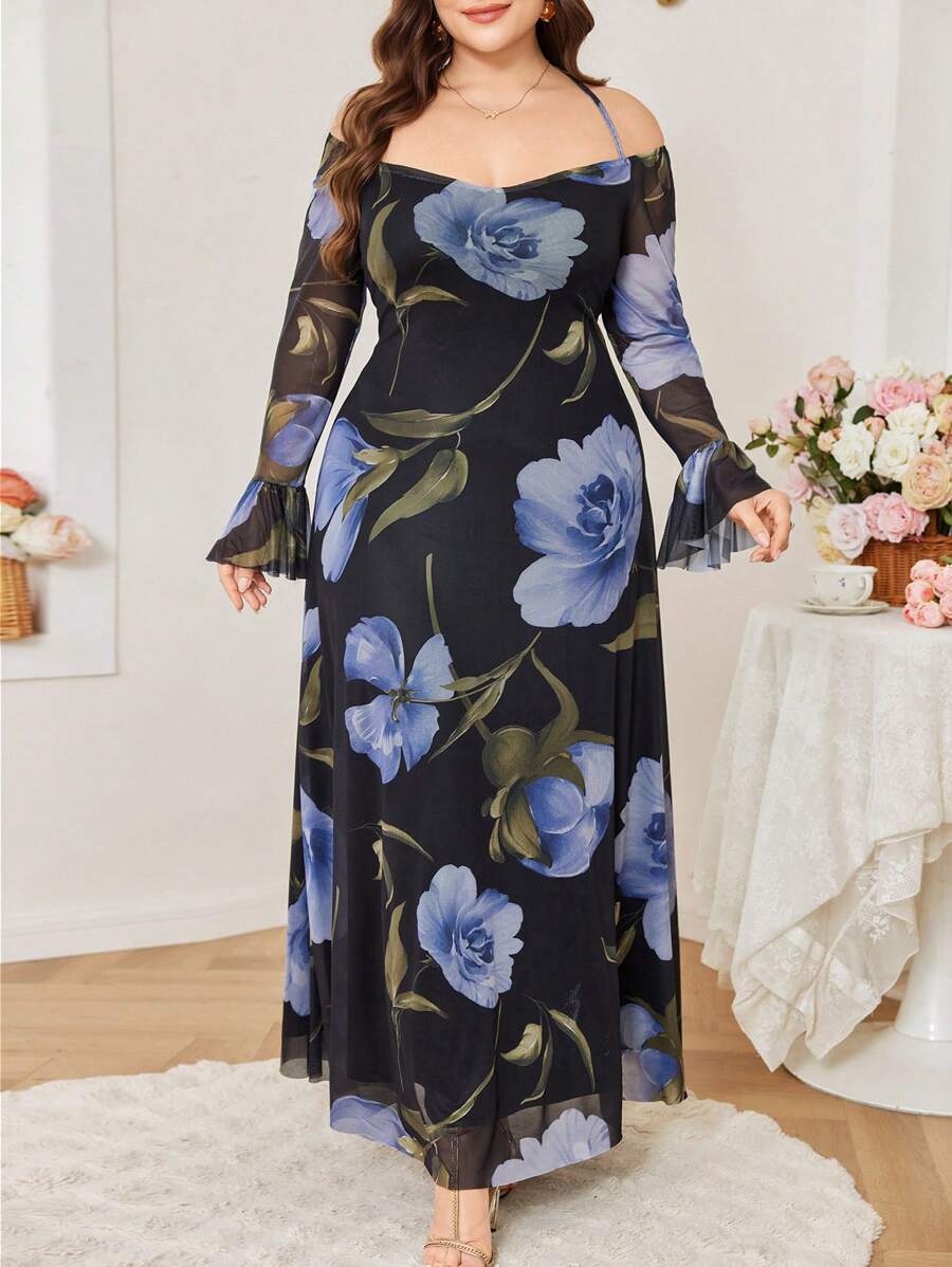 Modelyn Women's Off-Shoulder Floral Print Elastic Waist Flared Dress, Elegant Romantic Plus Size - Multicolor - View 1