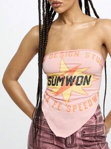 SUMWON WOMEN 圣达菲抹胸露肩短款上衣节日演唱会时尚 Y2K 复古明星设计夏季街头风抹胸 - 粉色 - 查看 4