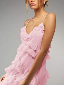 MISSGUIDED Ruffle Tiered Mini Dress Spaghetti Strap Party Summer Spring Wedding Guest Bridesmaid Sleeveless Floral Applique Holiday Evening Graduation - Pink - View 3