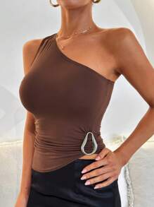 SHEIN Clasi Asymmetric Hem Sleeveless Top With Metal Buckle Accent, Ruched & Bodycon Design