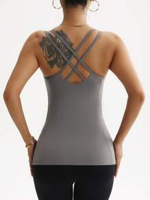 女式纯色后背交叉设计休闲健身运动背心 - 灰色 - 查看 7