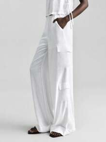 Ontre 2025新款女士休闲度假风3D工装口袋亚麻材质松紧腰长裤，适合音乐节、演唱会、乡村音乐节 - 白色 - 查看 6