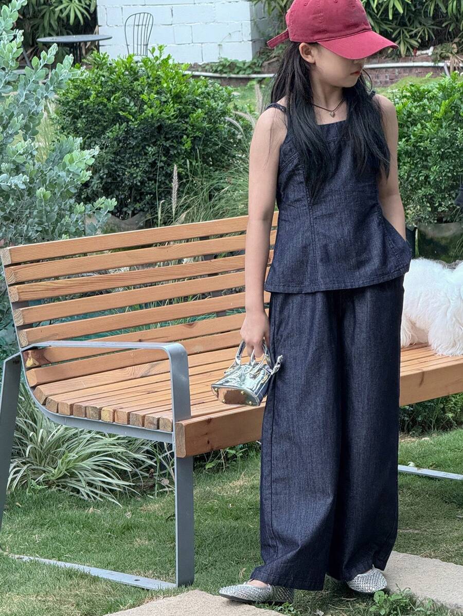 DAZY 2pcs Tween Girls Denim Suspender Top And Jeans Pants Set, Fall - Dark Wash - View 1