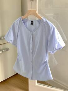 DAZY Parte superior minimalista de unicolor con botones al frente y manga corta para mujer, uso casual diario de verano