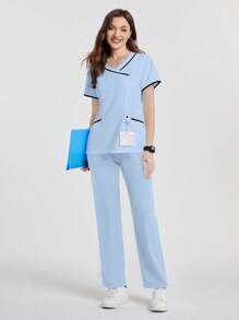 TaskEZ 撞色镶边V领口袋短袖制服上衣 - 淺藍色 - 查看 5