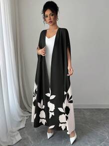 Elenzga Women's Open Front Floral Print Batwing Long Cardigan - Khaki - View 4