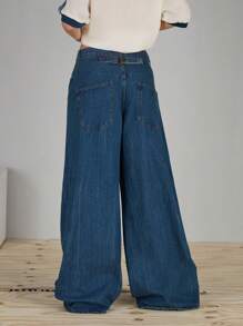 COUREZ Low Rise Super Oversized Jeans With Back Adjustable Strap , Y2K, Casual, Cotton, Summer For Women Vintage - Blue - View 3