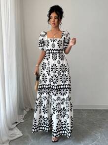 Rafferiza 女式夏季乡村花卉印花露肩连衣裙 - 黑與白 - 查看 4