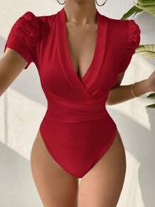 SHEIN SXY 女士夏季純色V領短泡泡袖T恤連身衣 - 酒紅色 - 查看 3