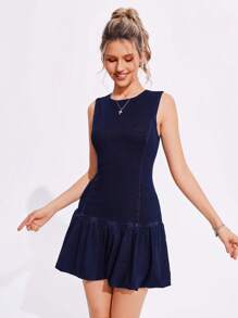 Flexra Vestito di jeans casual da donna, con collo rotondo, senza maniche, con orlo plissettato