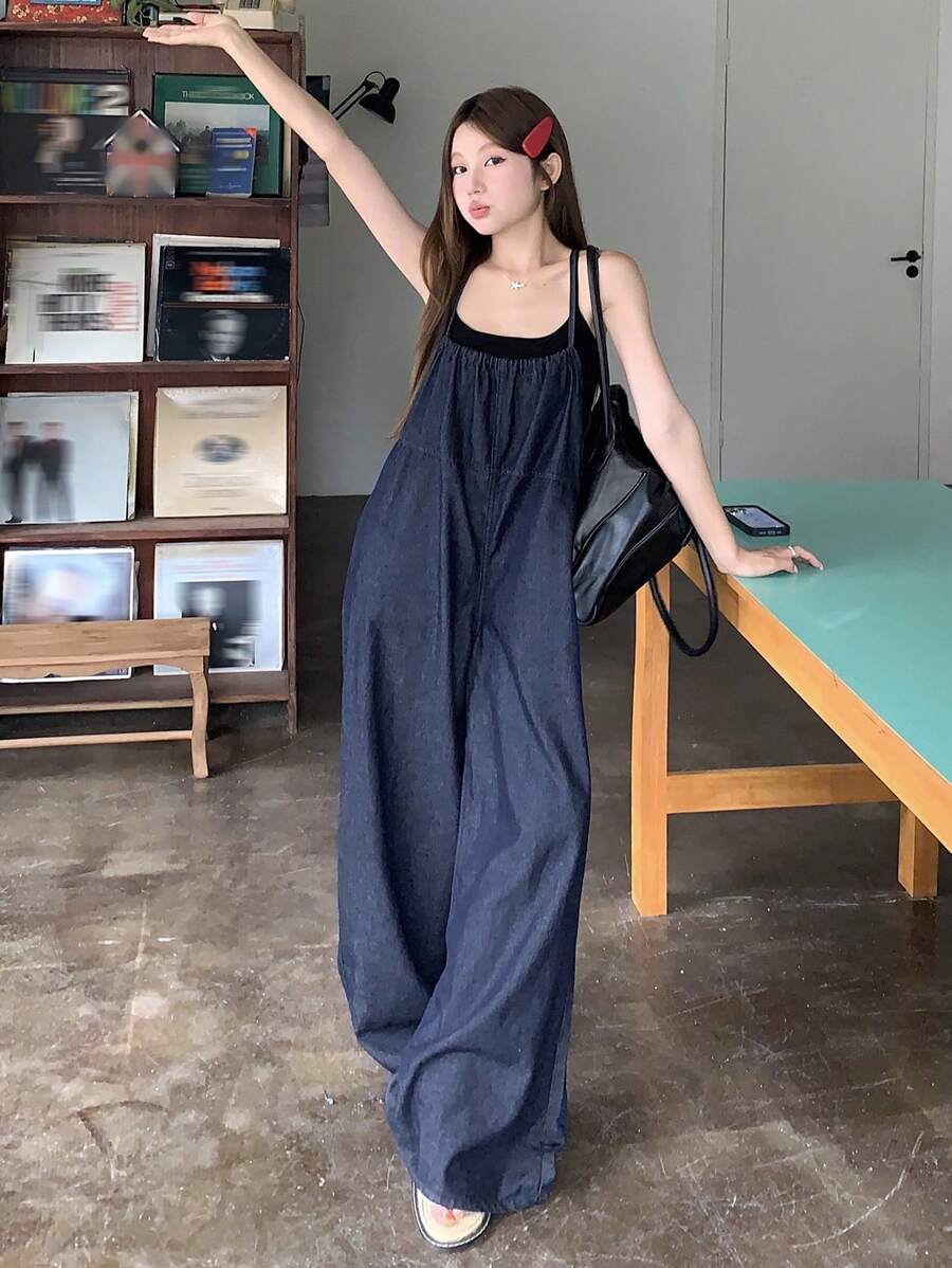 DAZY 女士夏季休闲洗水牛仔背带裤和连体裤 - 藍色 - 查看 1