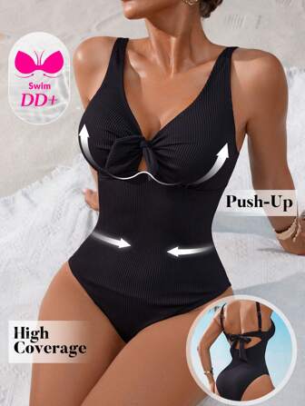 Swim DD+ Women's One-Piece Swimsuit With Front Knot Detail, Solid Color For Beach/Vacation, Summer