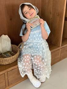 DAZY 2pcs/Set Young Girl Round Neck Casual Solid Color Short Sleeve T-Shirt And Net Mesh Dress, Girls Summer Outfits - Blue - View 6