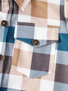 SHEIN 年輕男孩格紋印花翻蓋口袋襯衫