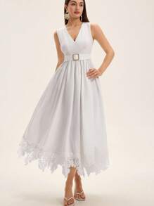 GENKIRA New Summer Classic Casual Vacation Style V-Neck Metal Sun Buckle Decor Cinched Waist Fitted Slim Lace Patchwork Hem Flared Dress, Elegant Court Style Sleeveless Ladies Dress - White - View 4