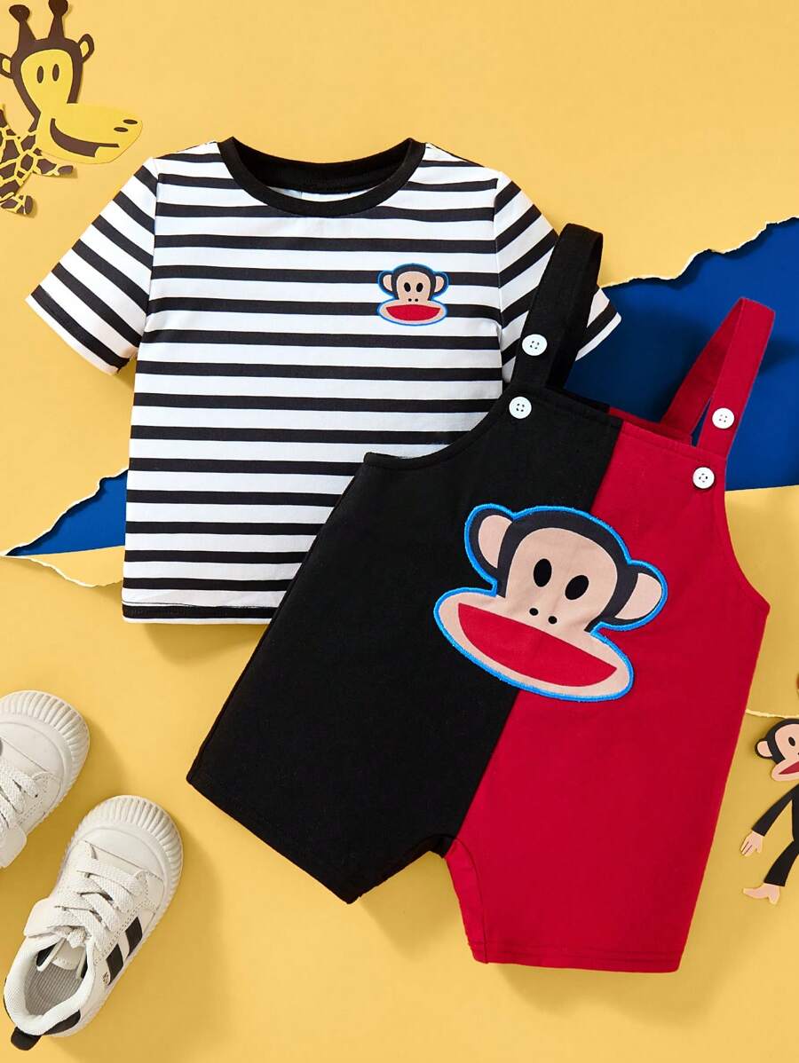 Paul Frank X SHEIN Baby Boy Cartoon Monkey Embroidery Striped Print Casual Versatile Short Sleeve T-Shirt & Contrasting Suspender Pants Cute Set - Black - View 1