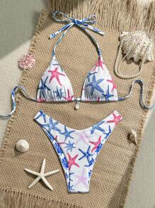 Swim Mod Conjunto de bikini sexy de 2 piezas con sujetador triangular y braga de tiro alto con estampado aleatorio y textura de tela, para vacaciones de verano