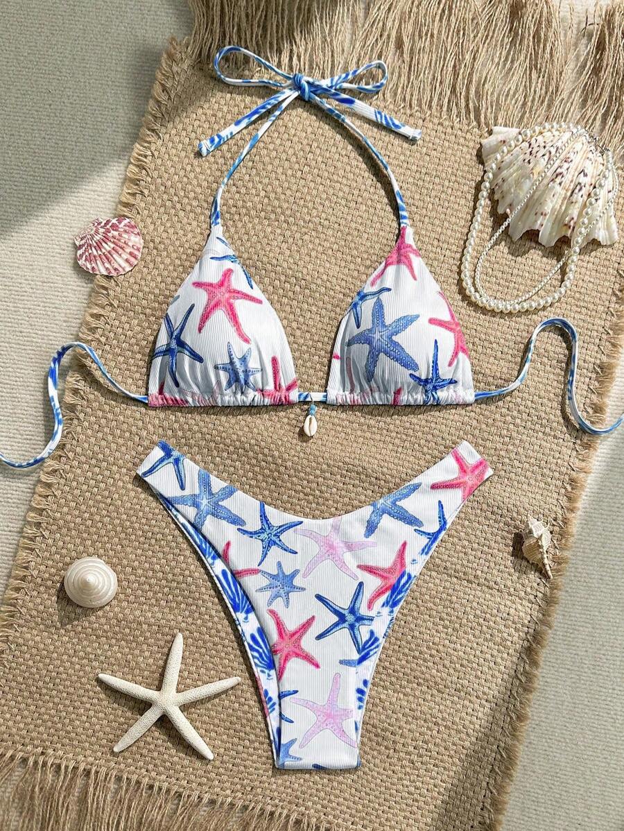 Swim Mod Conjunto de bikini sexy de 2 piezas con sujetador triangular y braga de tiro alto con estampado aleatorio y textura de tela, para vacaciones de verano