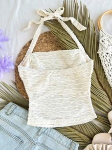 SHEIN Tween Girls' Jacquard Knit Square Neck Bowknot Square Collar Tank Top