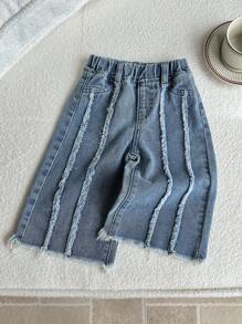 SHEIN LMoss Kids 女宝宝水洗浅蓝色阔腿牛仔裤，春夏休闲度假风 - 淺色水洗藍 - 查看 7