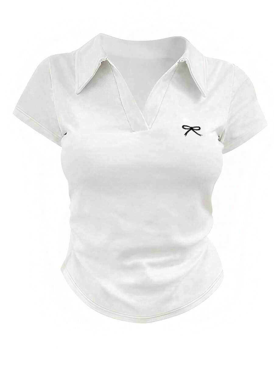 Women Bowknot Printed Turn-Down Collar Short Sleeve Ruched Casual T-Shirt - White - View 1