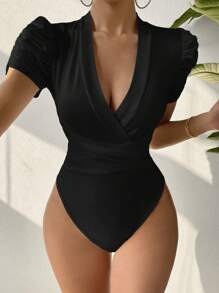 SHEIN SXY Body unicolor de cuello profundo de manga farol - Negro - Ver 3