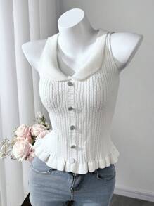 SHEIN LUNE Top de punto con lazo y blanco para mujer, Chaqueta de punto corta sin mangas con cuello Peter Pan, Diseño entallado para el verano - Blanco - Ver 1