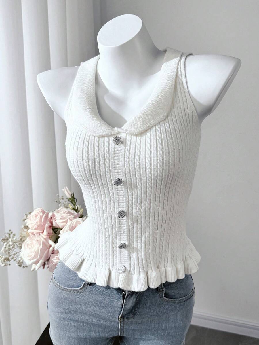 SHEIN LUNE Top de punto con lazo y blanco para mujer, Chaqueta de punto corta sin mangas con cuello Peter Pan, Diseño entallado para el verano - Blanco - Ver 1