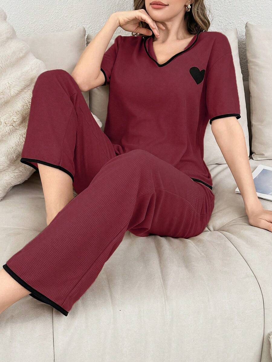Heart Printed Women Casual Loungewear Set Outfit - Burgundy - View 1