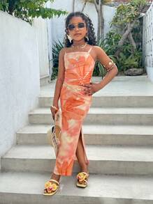 Tween Girl Floral Printed Crop Top And Skirt Set For Summer Holiday,Backless,Split Thigh Slim Fit Multicolor Bandeau Skirt Outfits,Spring/Summer,Casual Daily Wear,Mommy And Me Matching Outfits(2 Sets Are Sold Separately) - Orange - View 3