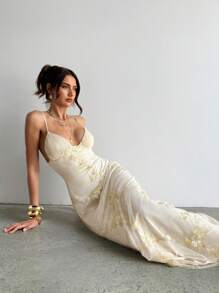 Aloruh 女士婚礼季性感优雅深 V 褶皱胸围刺绣修身腰部浪漫刺绣长裙蜜月装女士婚礼宾客礼服海岛度假装扮女士夏季礼服女士婚礼宾客礼服女士太阳裙母亲节装 - 杏色 - 查看 7