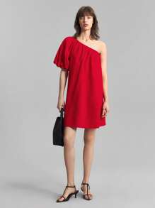 Ontre 2025 Women's Summer Elegant Red Party Dress,Strapless Puff Asymmetric Ruffle Sleeve,Solid Color Straight Casual Short Dress,Bohemian Vacation Style - Pink - View 7