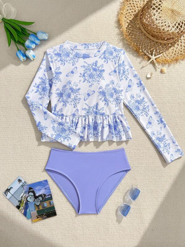 Conjunto de bikini de dos piezas con tirantes finos y estampado floral para niñas de talla grande