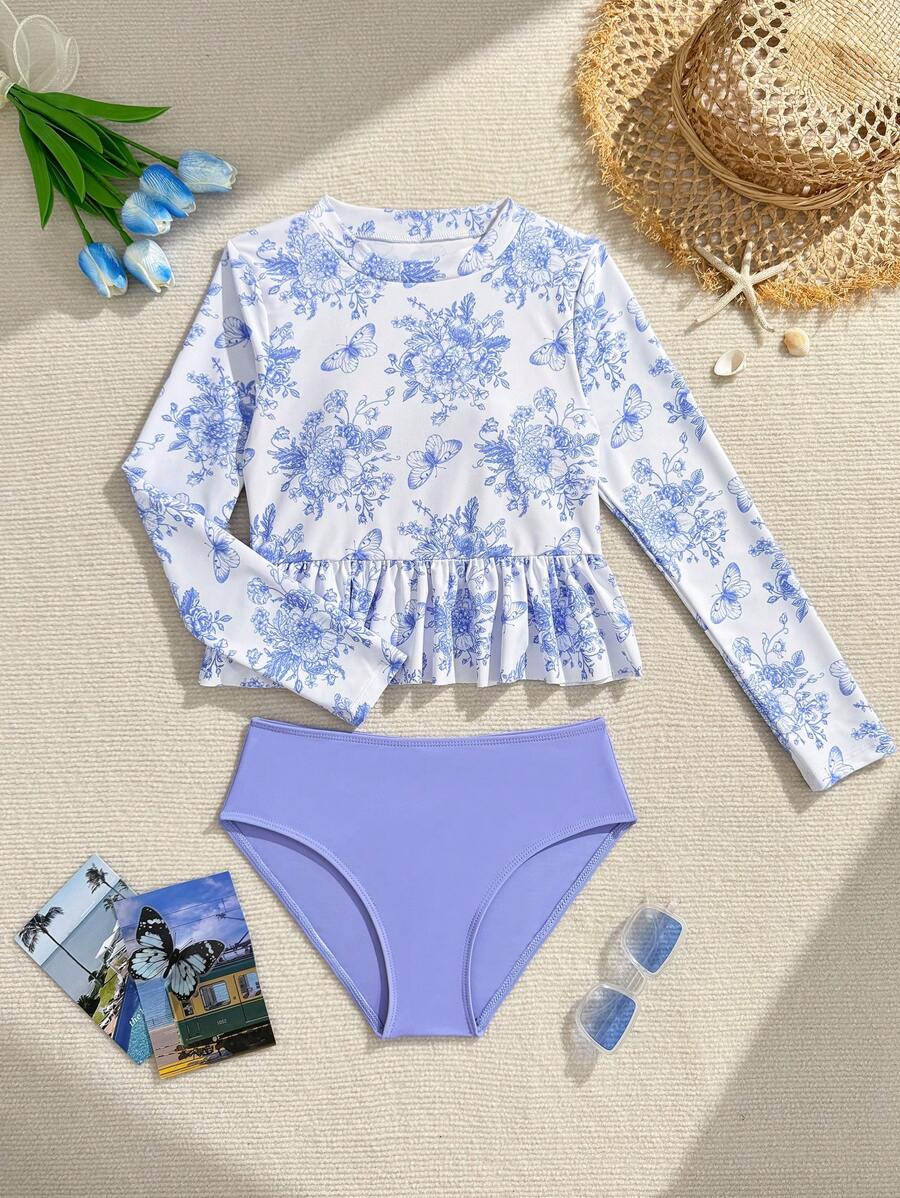 SHEIN 加大码女童花卉印花细肩带比基尼泳装两件套 - 藍白色 - 查看 1